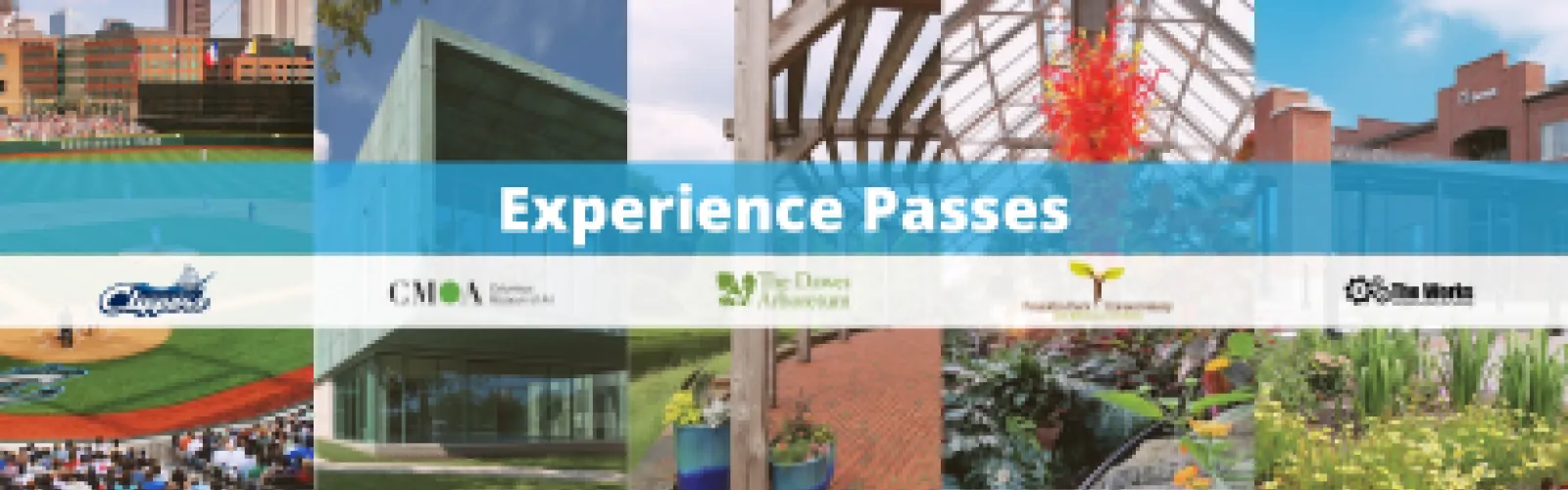 A graphic with a collage of images from different attractions. The top half shows six different locations: a baseball stadium, a modern art museum building, a wooden structure, a large red and yellow glass sculpture, and an exterior of a brick building. In the middle, a blue banner reads "Experience Passes" in large white text.