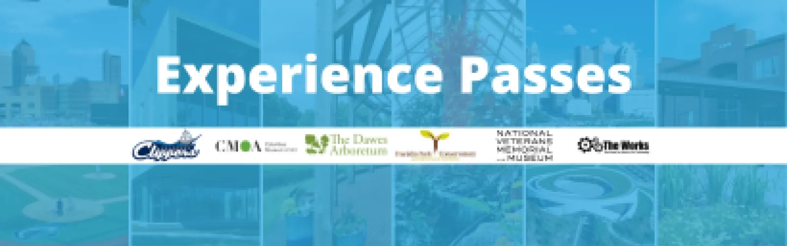 A graphic with a collage of images from different attractions. The top half shows six different locations: a baseball stadium, a modern art museum building, a wooden structure, a large red and yellow glass sculpture, and an exterior of a brick building. In the middle, a blue banner reads "Experience Passes" in large white text.